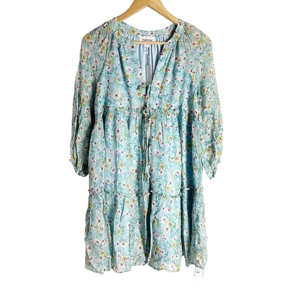 Yumi Kim Getaway Blue Floral Print Tiered 3/4 Sleeve Babydoll Mini Dress Small